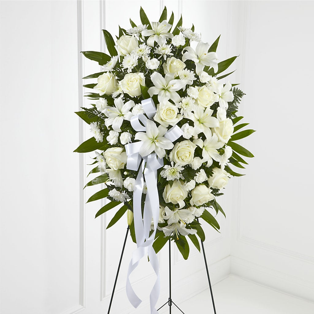 Exquisite Tribute Standing Spray-White Ribbon – Everything Nice By Colene, Stilwell OK